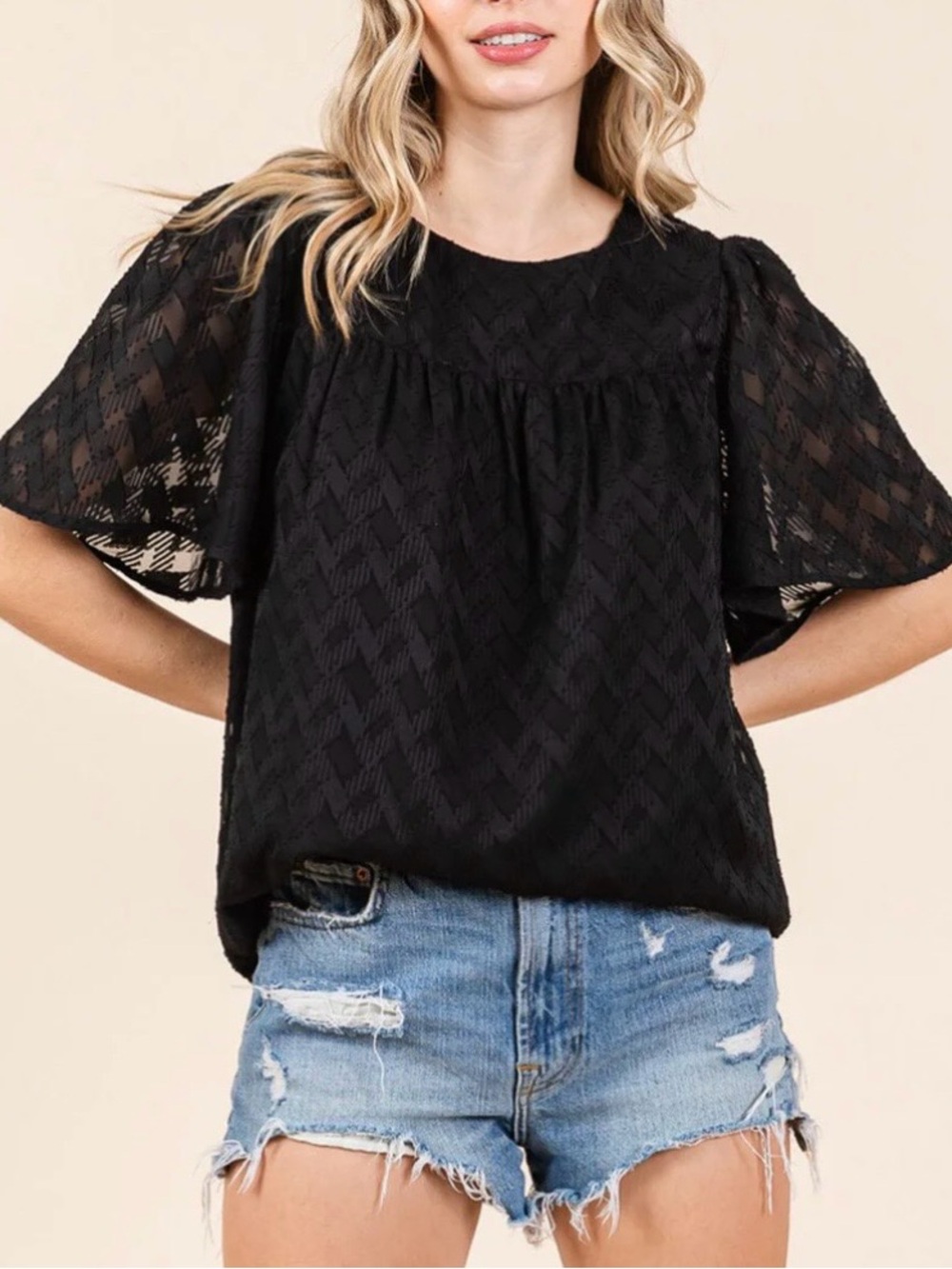 Black Lace Flutter Sleeve Women's Top